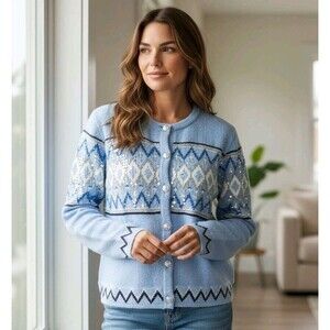 Loft Women's Sequin Fair Isle Cardigan Sweater Blue Shimmery Winter Holidays XXL
